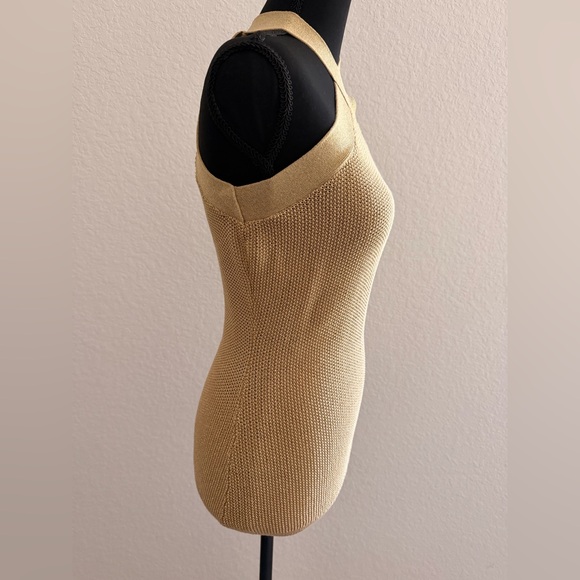 INC Gold Sparkly Halter Top | Silk Cotton Ribbed Knit Crossover Neck Blouse - Picture 3 of 6
